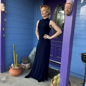 Sleeveless Vintage Slinky Navy Maxi Dress - 90s Elegant High-Neck Design